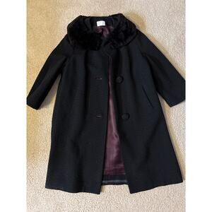 1950’s Women’s 2 Button Faux Fur Collar Long Winter Coat Fancy Black Medium